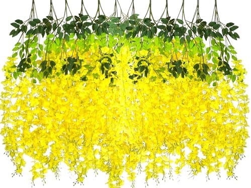 AITISOR 24 Pack Artificial Fake Wisteria Vine Ratta (3.75 Feet) Hanging Garland Silk Flowers String Home Party Wedding Decor (Yellow) by AITISOR