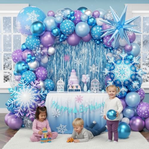 Frozen Balloon Arch Garland Kit 220pcs, Blue Purple White Balloons with Fringe Curtain Snowflake Balloons Birthday Banner for Winter Wonderland Baby Shower Snow Princess Birthday Party Decor - Image 6