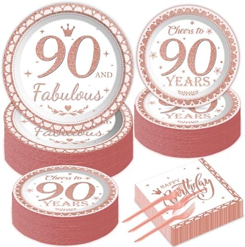 50 Guests 90th Birthday Decorations for Women, Rose Gold 90th Birthday Plates and Napkins Party Supplies 90th Year Fabulous Birthday Disposable Paper Tableware Cheers to 90 Years Dinnerware 200PCS by gisgfim
