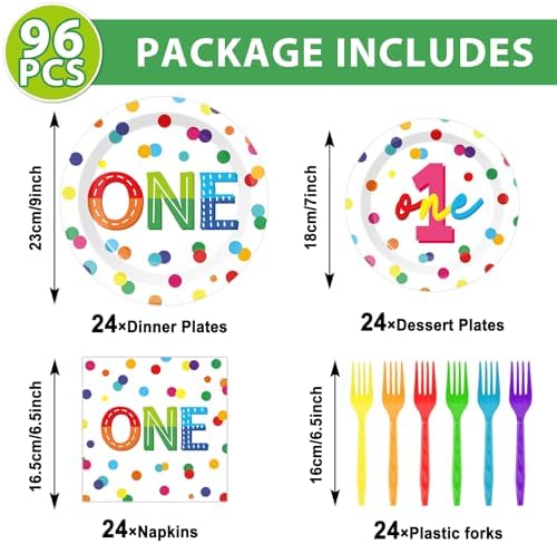 CHUNNIN 96pcs Rainbow 1st Birthday Plates and Napkins Confetti Happy Birthday Party Decorations with Polka Dot Confetti Dessert Plates Colorful 1st Tableware for 24 Guests 1 Year Old Party Supplies - Image 2