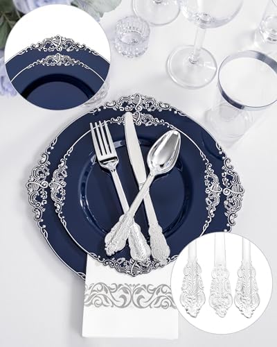 Hioasis 350 Pcs Blue Silver Plates for Graduation - Image 5