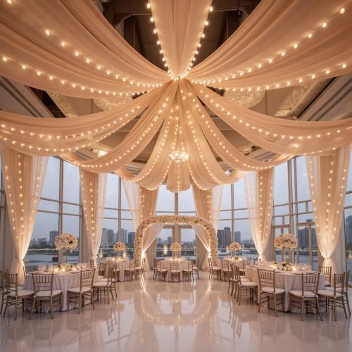 12 Panels Deep Champagne Ceiling Curtains with Lights for Weddings - 5ftx30ft Wrinkle-Free Tulle Fabric Wedding Arch Draping Ceiling Drapes Decorations for Wedding Party Ceremony Stage Tent Event by Unknown