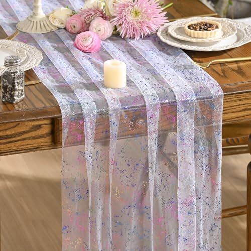 Artoid Mode 3PCS Colorful Gold Gauze Table Runner 120 Inch 10FT, Glitter Metallic Foil Sheer Dining Wedding Anniversary Holiday Birthday Table Decor for Home Party by ArtoidMode