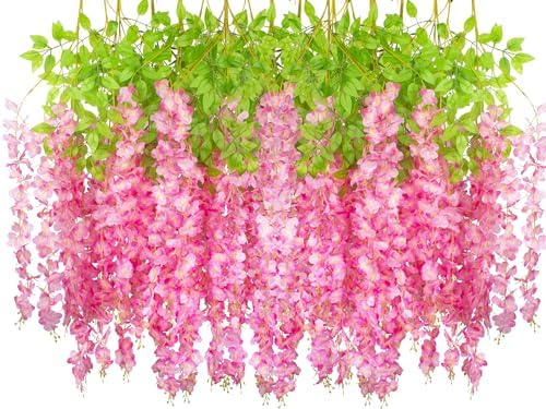 AITISOR 24 Pack Artificial Fake Wisteria Vine Ratta (3.75 Feet) Hanging Garland Silk Flowers String Home Party Wedding Decor (Deep Pink) by AITISOR