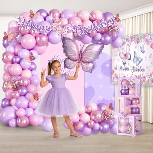 256pcs Butterfly Birthday Decorations Complete Party Set, Butterfly Theme Birthday Decorations, Serves 20pcs Plates, includes Banner Backdrop Balloon Arch Tableware Tablecloth - Image 4