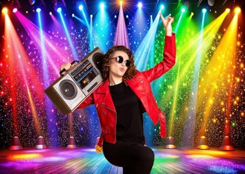8x6ft Fabric Disco Rainbow Stage 70s 80s 90s Backdrop Vintage Lights Photography Background Rock Music Club Neon Glow Party Decorations Photo Banner 312 - Image 3