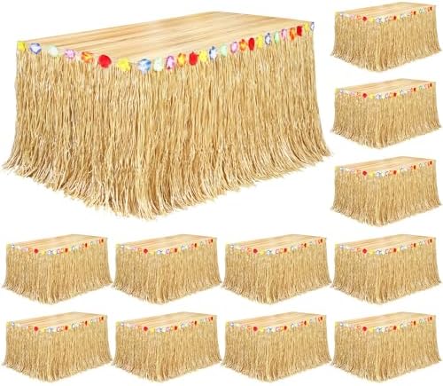 Fovths 12 Pack Luau Grass Table Skirt Natural 9 Feet x 29.5 Inch Hawaiian Table Skirt for Tropical Hawaiian Party Decorations Luau Party Costume Party, Straw Yellow by Fovths