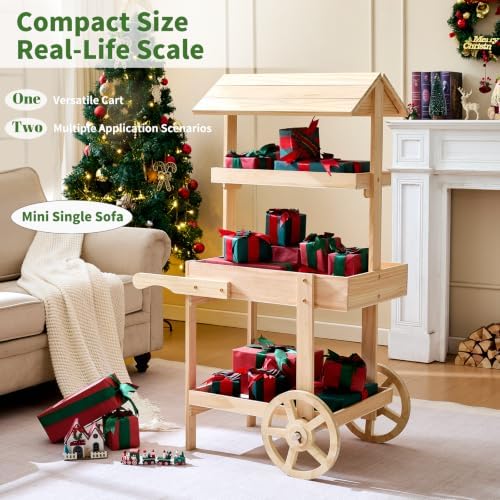 Flower Cart Display Stand with Wheels, 3-Tier Wooden Candy Cart for Party, Dessert Cart with Canopy Roof for Weddings, Bridal Shower, Baby Shower, Market & Event Decor (wood) - Image 3