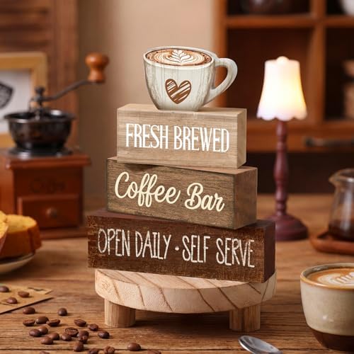 Moucuny 4 Pcs Farmhouse Coffee Bar Signs Decor Wooden Cafe Cup Signs - Image 2