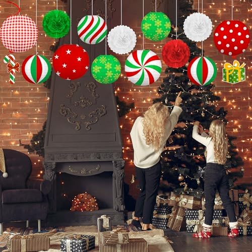 15PCS Christmas Party Decorations Set – 9 Red White Green Paper Lanterns, 4 Pom Poms, 2 Hanging Swirls for Xmas Indoor, Home, Porch, Holiday Decor - Image 3