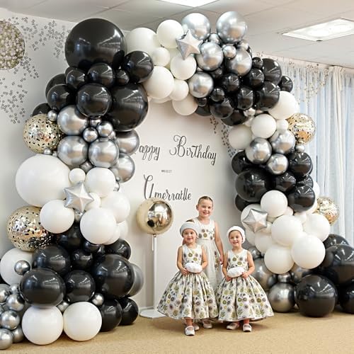 412Pcs Black and Silver White Balloon Arch Kit, 18 12 10 5 Inch Different Size Black and Silver White Balloons for Graduation Birthday Wedding Party Decorations - Image 5