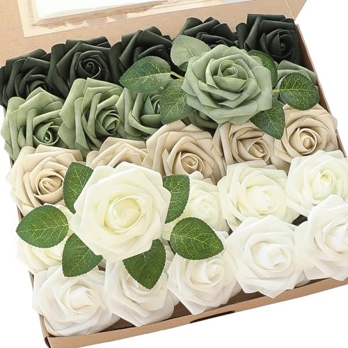 Floroom Artificial Flowers 25pcs Real Looking Emerald Green Ombre Colors Foam Fake Roses with Stems for DIY Wedding Bouquets Bridal Shower Centerpieces Sage Green Floral Arrangements Tables Decoration by Floroom