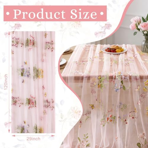 BINBE 3pcs Pink Florals Table Runner Embroidery Gauze 10FT Daisy Seasonal Tulle Birthday Wedding Holiday Kitchen Dining Table Decor for Home Party - Image 2