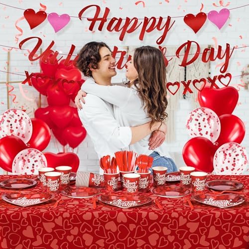 183PCS Happy Valentine's Day Party Supplies,Red Love Heart Disposable Paper Plate Napkin Cup Cutlery for 24 Guest,Banner Tablecloth Balloons for Galentines Anniversary Bridal Wedding Engagement Decor - Image 7
