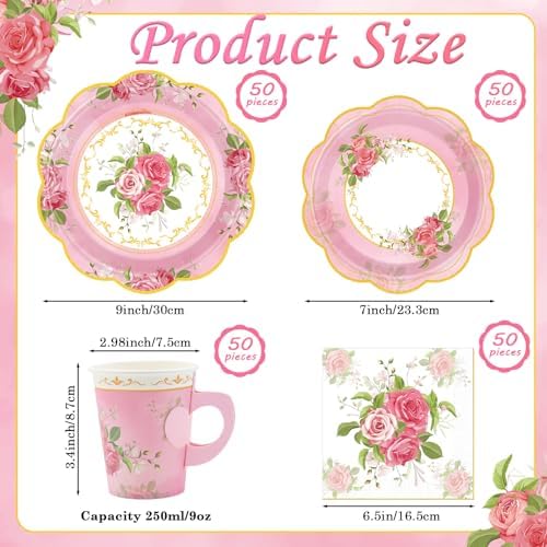 200Pcs Floral Tea Cups and Saucers for Tea Party Supplies, Disposable Tea Cups with Handle and Paper Napkins Dinnerware for Floral Theme Birthday Wedding Bridal Shower Baby Shower（Pink） - Image 3