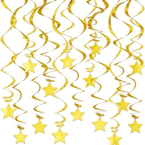 Gold Hanging Swirl Decorations - 30 Pack Metallic Ceiling Swirls with Foil Stars, Plastic Streamers for Graduation, Wedding, Birthday, Easter, New Year's Eve Party Supplies by PARTVON