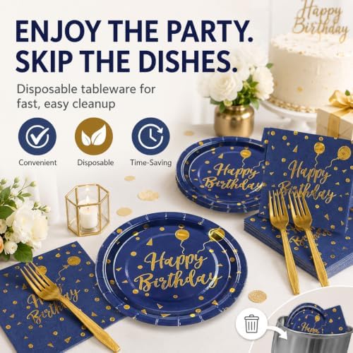 48PCS Happy Birthday Plates and Napkins Party Supplies, Blue and Gold Disposable Paper Plates and Napkins with Forks Tableware Set for Birthday Party Decorations 16 Guests - Image 6