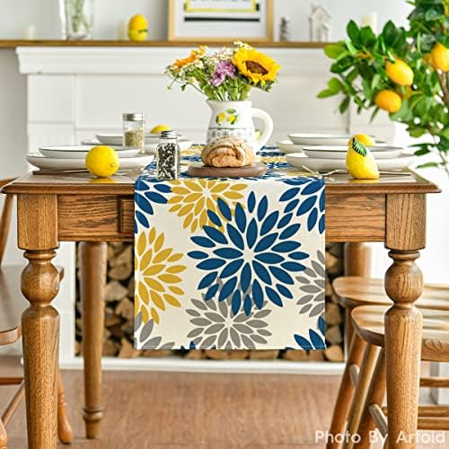 Artoid Mode Blue Dahlia Floral Pinnata Summer Table Runner, Spring Kitchen Dining Table Decoration for Home Party Decor 13x108 Inch - Image 2
