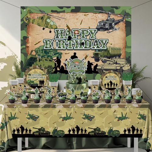 Army Birthday Party Decorations Includes Balloons- Army Banner-Cake Topper-Cupcake Toppers-Backdrop-Plates-Tablecloth-Napkins-Cups and Cutlery for Camo Birthday Party Decorations - Image 6