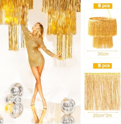 Hahafelt 10 Pcs Gold Party Decor 3 Tier Fringe Chandelier Tinsel Curtain - Image 2