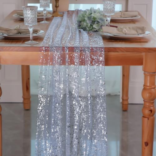 Snowkingdom 3PCS Light Blue Silver Gauze Table Runner 10ft 120 inch Glitter Sheer Cheesecloth Tulle Home Dining Table Decoration for Bridal Baby Shower Summer Wedding Birthday Holidays Party by Snowkingdom