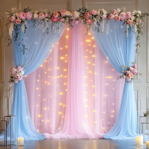 10×10ft Pink Blue Tulle Backdrop Curtain with Lights String for Parties, Sheer Photo Backdrop Curtains for Wedding Party Photography Background - Image 5