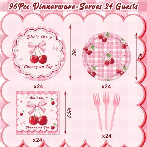 REDWORD Cherry Birthday Decorations, 96Pcs She's The Cherry On Top Party Plates Napkin for Cherr y Theme Girl Birthday Baby Shower Party Decorations-Serves 24 - Image 2