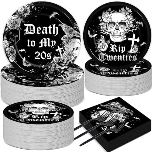 50 Guests 30th Birthday Plates and Napkins Party Supplies Death to My 20s Party Decorations Rip To My 20s Disposable Tableware Set Death To My Twenties Dinnerware Favor for Men Women, 200PCS by Qyeahkj