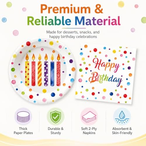 50 Pcs Birthday Plates and Napkins Set, 7 Inch Colorful Party Supplies - Image 3