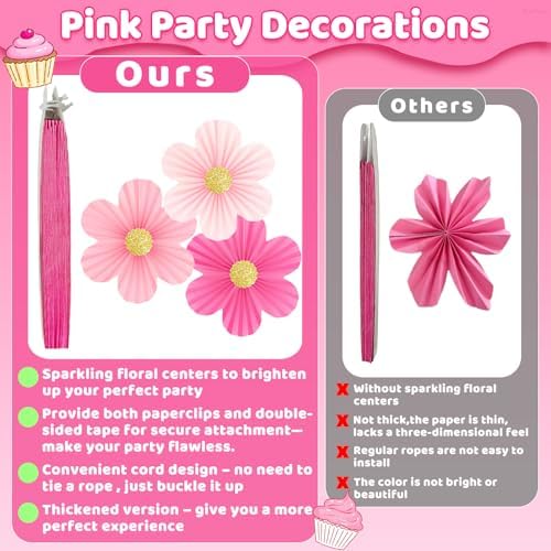 Pink Party Decorations, 9PCS Pink Paper Flowers Decorations for Wall - Image 3