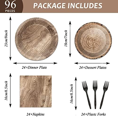 Wiooffen 96 Pcs Camping Wooden Tree Party Supplies Tableware Set Lumberjack Party Decorations Camp Hunting Themed Table Supplies Rustic Paper Plates Napkins Forks for 24 Guests - Image 2