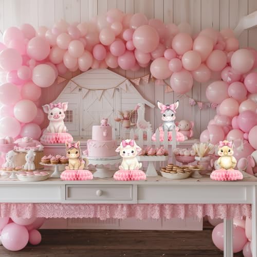 12 Pcs Pink Farm Baby Shower Decorations for Girl - Girl Farm Baby Shower Centerpieces for Tables - Pink Farm Animals Honeycomb Table Decor with Barn Cow Pig for Girl Baby Shower 1st Birthday - Image 6