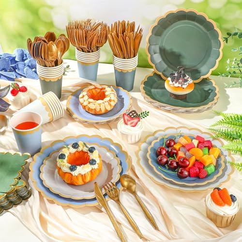 Mimorou 169 Pcs Dusty Blue and Sage Green Plates and Napkin Party Supplies - Image 2