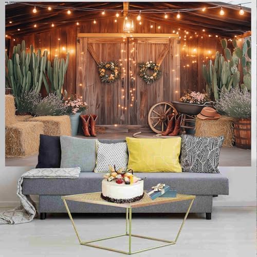 5X3 FT Western Cowboy Backdrop Western Party Decorations Wild West Vintage Wooden Rustic Wooden House Barn Photography Background for Kids Boy Children Boy Baby Birthday Banner Photo Booth - Image 4