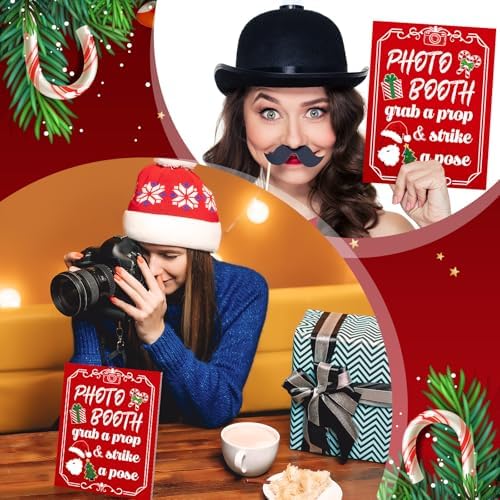 Briwooody Christmas Photo Booth Sign with Stand Retro Background Table - Image 6