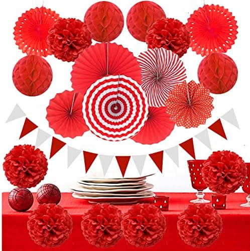 ZERODECO Party Decoration, 21 Pcs Red Hanging Paper Fans Pom Poms Flowers, Garlands String and Triangle Bunting Flags for Birthday Parties Baby Showers Wedding - Image 6