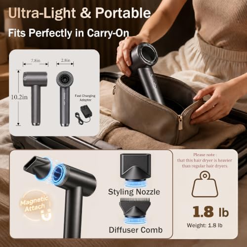 New Cordless Rechargeable Hair Dryer, 24000mAh Battery Operated,USB Portable Blow Dryer，3 Adjustable Hot and Cold Air Settings, Used for Travel, Camping, and RV - Image 6
