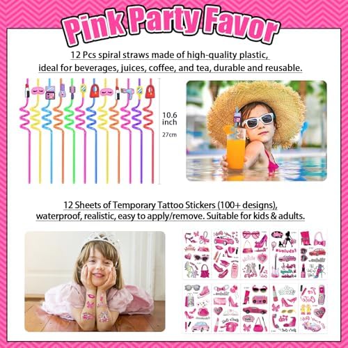 184Pcs Pink Girls Party Favors Pack - For 12Guests, Includ Goodie Box Heart Glasses Straws Bubble Wands Tattoo Sticker Bracelet Keychain, for Kids Girls Birthday Party Decoration Supplies - Image 6