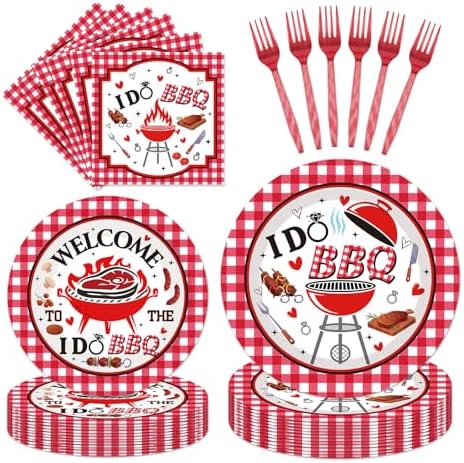 96 Pcs I Do BBQ Party Decorations - BBQ Bachelorette Party Decorations with Red Gingham Plates Napkins Forks, Summer Wedding Engagement Bridal Shower Tableware Set, Serving 24 by Unknown