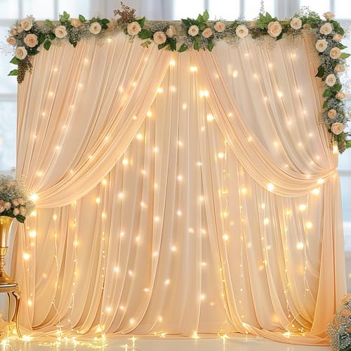 Dark Champagne Backdrop Curtains with Lights for Parties,10x10FT Wrinkle Free Polyester Wedding Photo Backdrop Curtains for Baby Shower Birthday Ceremony Reception Home Party Decorations-5ft x 10ft by Partisky