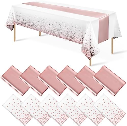 12 Pack Disposable Plastic Tablecloths and Satin Table Runner Set White and Rose Gold Dot Tablecloth Rose Gold Satin Table Runner for Wedding Birthday Baby Shower Anniversary Christmas New Year Party by MASHAN