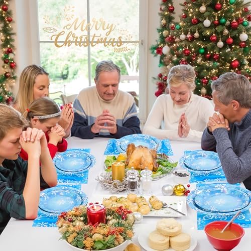 96PCS Blue Christmas Plates Napkins Forks for Party Decorations, Set of 24 Snowflakes Merry Christmas Disposable Tableware Supplies, Blue White Paper Plates for Christmas Party - Image 7