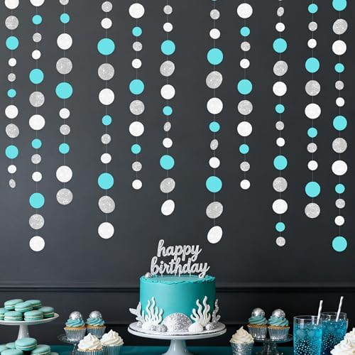 Teal Blue Silver White Party Polka Dot Garland Banner Aqua Turquoise Glitter Silver White Hanging Paper Circle Dots Streamer for Birthday Wedding Bridal Shower Party Decorations Supplies - Image 4