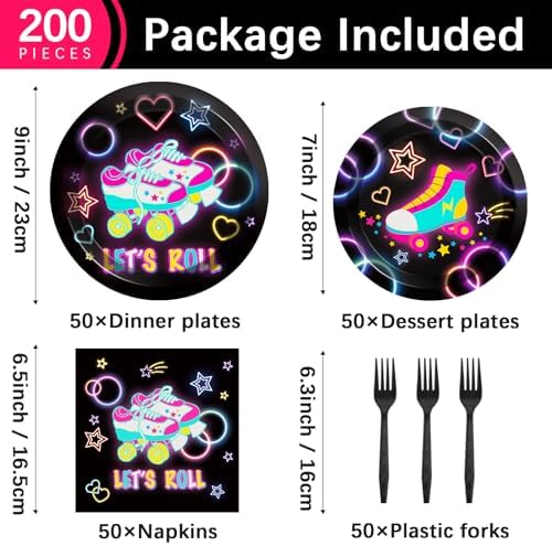 50 Guests Roller Skating Plates and Napkins Party Supplies Retro Roller Skate Party Decorations Disposable Tableware Set Let's Roll Dinnerware Favor for Boys Girls Teens Birthday, 200PCS - Image 2