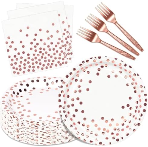 48 Pcs White Rose Gold Paper Plates Set Party Supplies,Serves 16 Guests 7" White Rose Gold Plates and Rose Gold Plastic Forks Set for Birthday Wedding Bridal Shower Baby Shower Decorations by Upigi