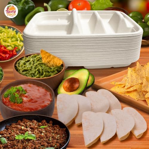 White Disposable Taco Plates for 2 Tacos & 2 Sides – 25 PACK | Premium Paper Plates with Dividers, Fiesta Taco Holder, Taco Stand for Taco Tuesday & Taco Bar Serving Set Taco Plates (25 Plates, White) - Image 2