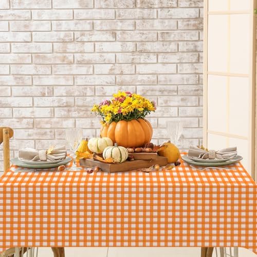 12 Pack Orange Plastic Checkered Tablecloth, Premium Decorative Disposable Orange Gingham Plaid Table Cloths for Parties, Rectangle Party Table Cover for Fall Thanksgiving Picnic Birthday, 54x108 Inch - Image 6
