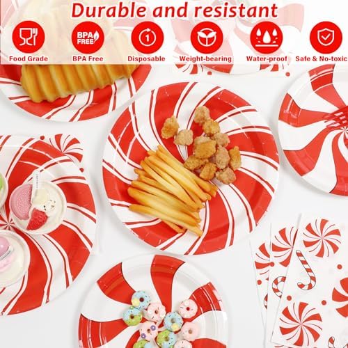 96pcs Christmas Peppermint Candy Paper Plates Party Supplies Tableware Set Candy Mint Party Supplies for Holiday Xmas Red and White Striped Peppermint Disposable Dinnerware Decorations 24 Guest - Image 3