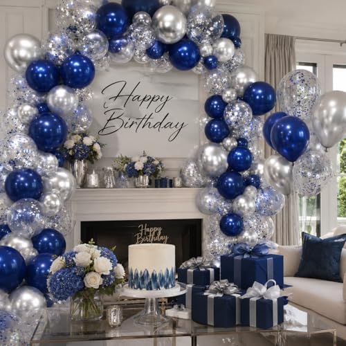 Navy Blue and Silver Balloons, 12 Inch Dark Midnight Blue Metallic Silver Latex Balloons Set for Boys Baby Shower Men Birthday 2026 Graduation Fathers Day Anniversary Denim Party Decorations - Image 4