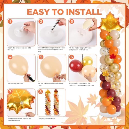 2 Sets Fall Balloon Column Stand Kit 3.3 X 6.6 ft Fall Photo Backdrop With Chestnut Maple leaf Balloons Orange Burgundy Skin Balloon for Thanksgiving Autumn Birthday Parties - Image 5